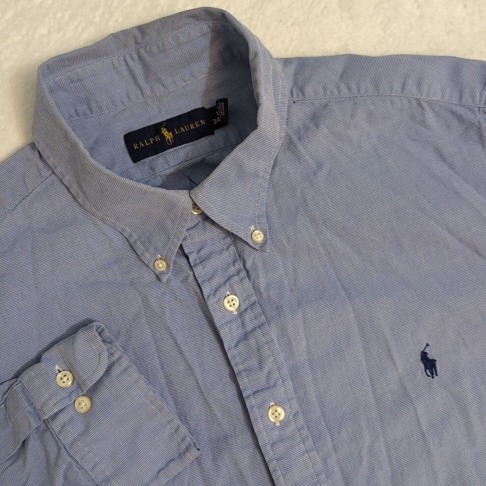 Ralph Lauren Blue Micro Gingham LS‎ Button Down Shirt Mens 18 34 EUC
